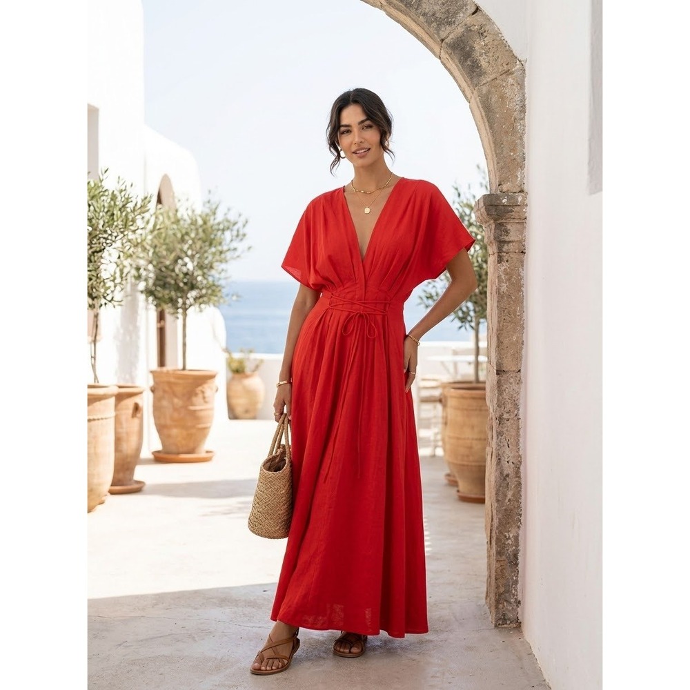 Pleated V-Neck Tie Waist Zara Red Cotton Blend Midi Dress Size XL Extra Large